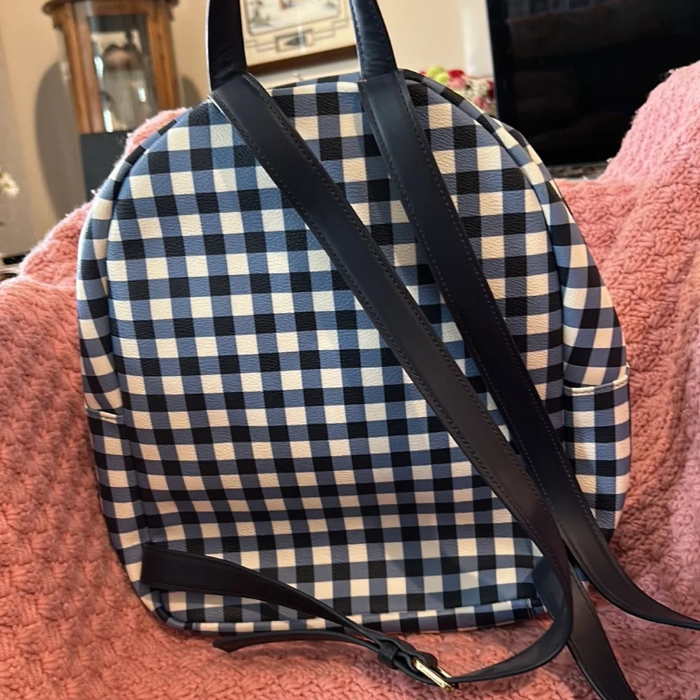 Kate Spade, large blue and white checkered backpack with extra front zipper part